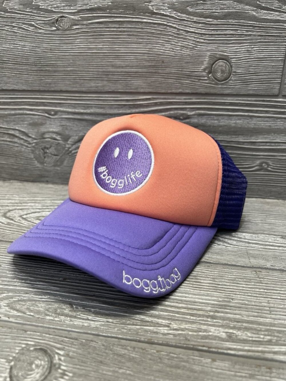 Bogg Bag Hat Trucker Cap Purple & Coral with Smiley Face Snapback Foam Mesh